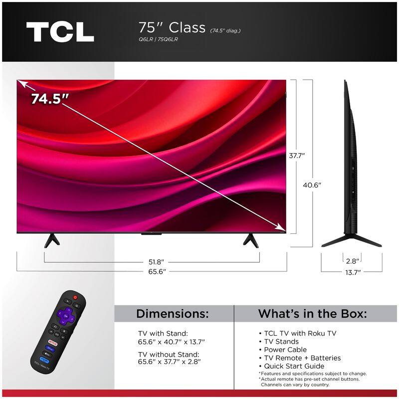 TCL - 75" Class Q6LR Series QLED 4K UHD Smart Roku TV, , hires