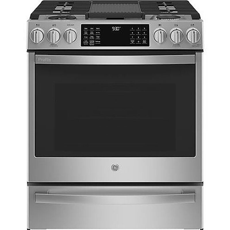GE Profile 30 in. 5.7 cu. ft. Smart Air Fry True European Convection Slide-In Dual Fuel Range with 5 Sealed Burners, Grill & Griddle - Fingerprint Resistant Stainless, , hires