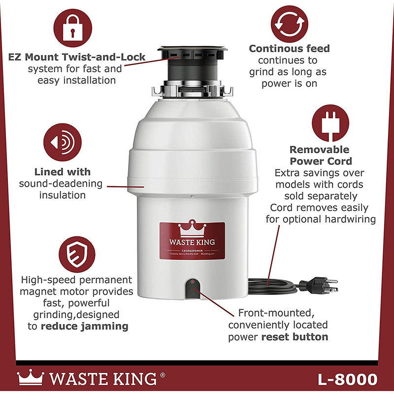 Waste King 1 HP Continuous Feed Waste Disposer with 2800 RPM, Anti-Jam & Noise Reducing Insulation - Stainless Steel, , hires