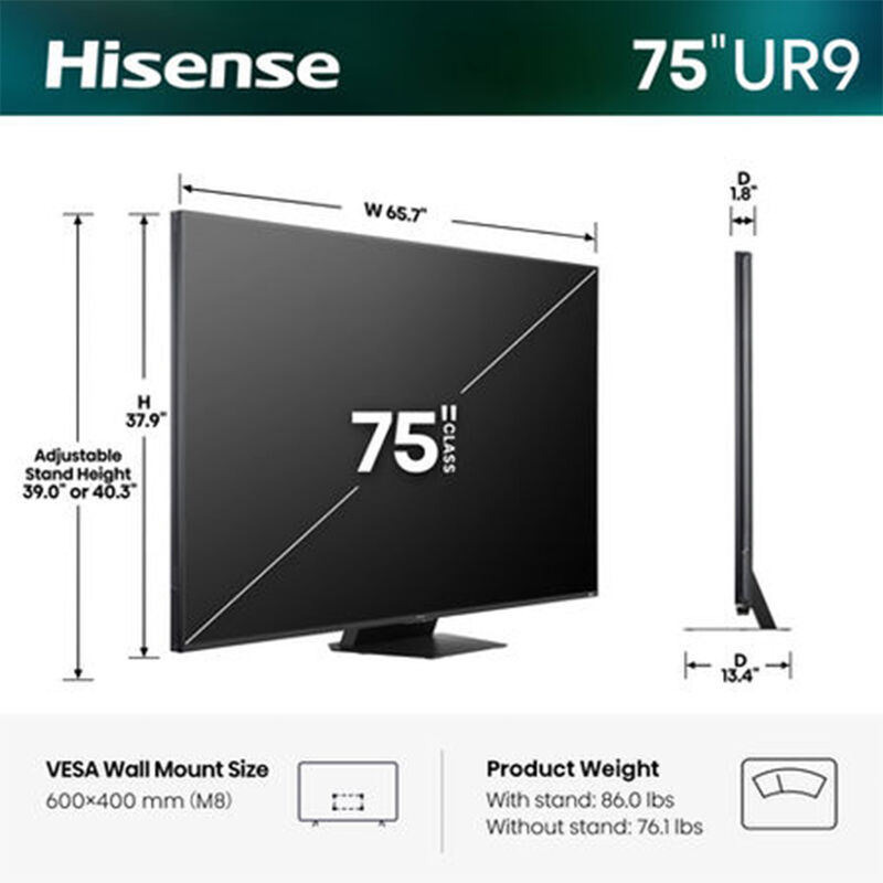 Hisense - 75" Class UR9 Series RGB Mini LED 4K UHD Smart Google TV, , hires