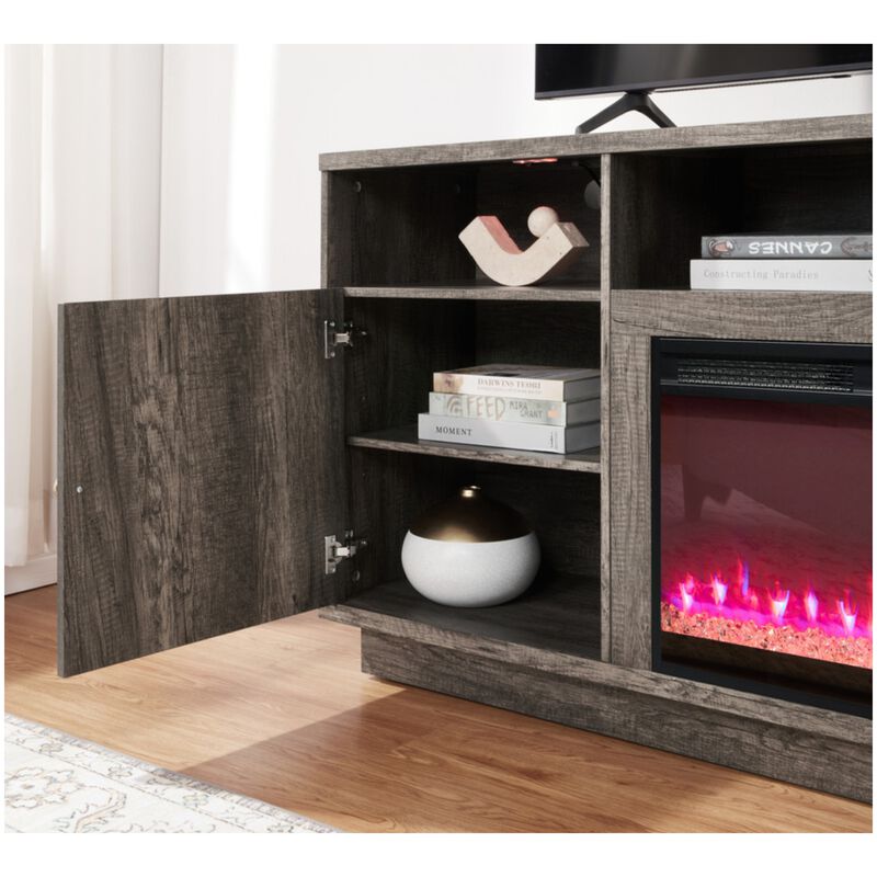 Lilola Ambrose 70"W Gray Walnut Finish Fireplace TV Stand Console with Heater, LED Light, Cabinets, Shelves, , hires