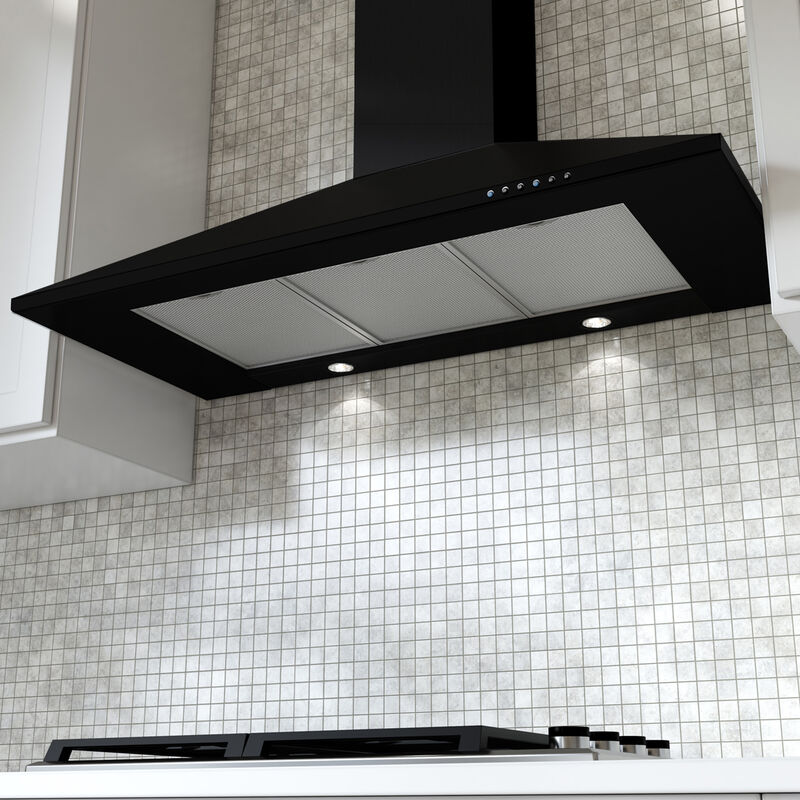 XO 36 in. Convertible Chimney Style Range Hood with 600 CFM, 3 Fan Speeds & 2 LED Lights - Black, Black, hires