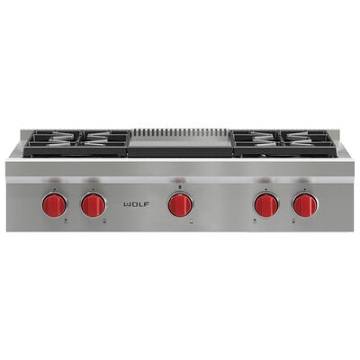 Wolf 36 in. 4-Burner LP Gas Rangetop with Griddle & Power Burner - Stainless Steel | SRT364G-LP