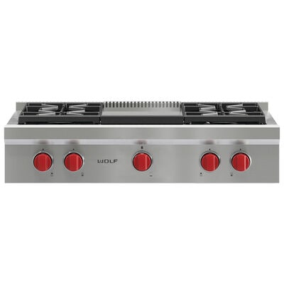 Wolf 36 in. Liquid Propane Gas Cooktop with 4 Sealed Burners & Griddle - Stainless Steel | SRT364G-LP