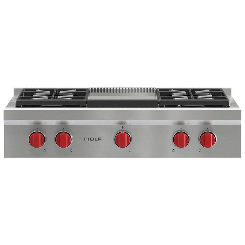 Wolf 36 in. Liquid Propane Gas Cooktop with 4 Sealed Burners & Griddle -  Stainless Steel