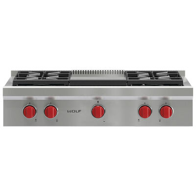 Wolf 36 in. Liquid Propane Gas Cooktop with 4 Sealed Burners & Griddle - Stainless Steel | SRT364G-LP
