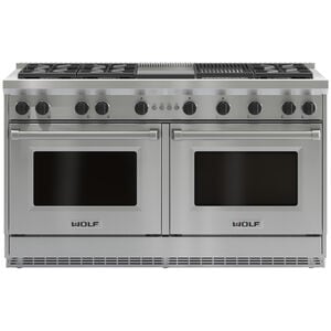 Wolf 60 in. 8.8 cu. ft. Standard Convection Double Oven Gas Range with 6 Sealed Burners, Grill & Griddle - Stainless Steel, , hires