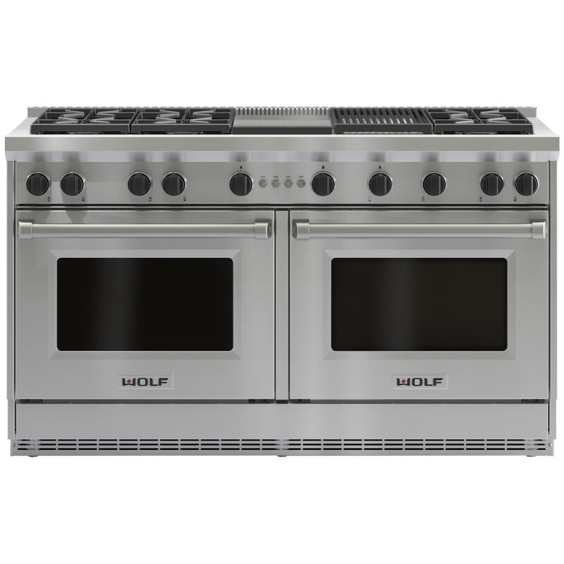 Wolf 60 in. 8.8 cu. ft. Standard Convection Double Oven Gas Range with 6 Sealed Burners, Grill & Griddle - Stainless Steel, , hires