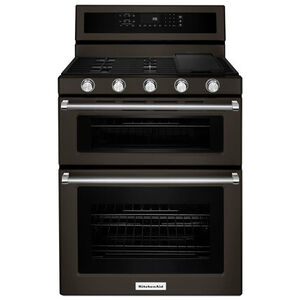 KitchenAid 30 in. 6 cu. ft. True European Convection Double Oven Gas Range with 5 Sealed Burners & Griddle - Black Stainless, , hires