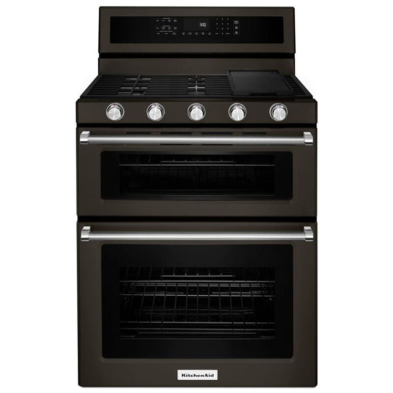 KitchenAid 30 in. 6 cu. ft. True European Convection Double Oven Gas Range with 5 Sealed Burners & Griddle - Black Stainless, , hires
