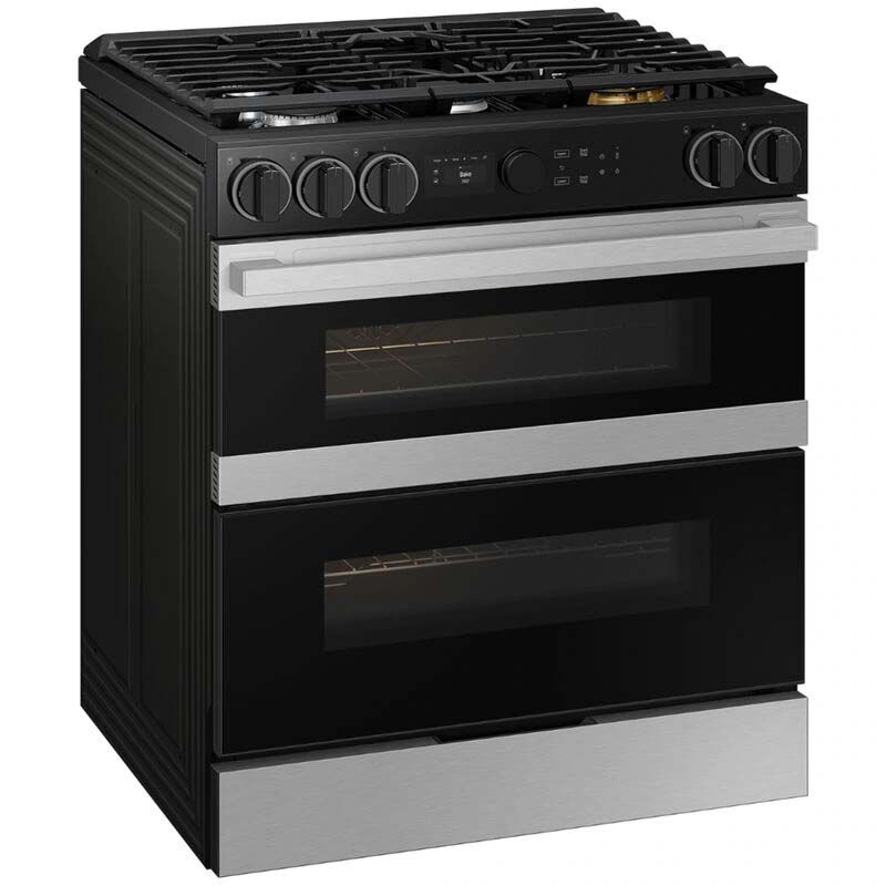 Samsung Bespoke 30 in. 6.1 cu. ft. Smart Air Fry Convection Double Oven Slide In Natural Gas Dual Fuel Range with 5 Sealed Burners Griddle Stainless Steel P.C. Richard Son