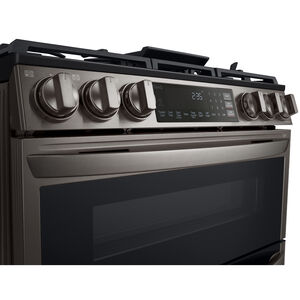 LG InstaView 30 in. 6.9 cu. ft. Smart Air Fry True European Convection Double Oven Slide-In Gas Range with 5 Sealed Burners & Griddle - PrintProof Black Stainless Steel, PrintProof Black Stainless Steel, hires