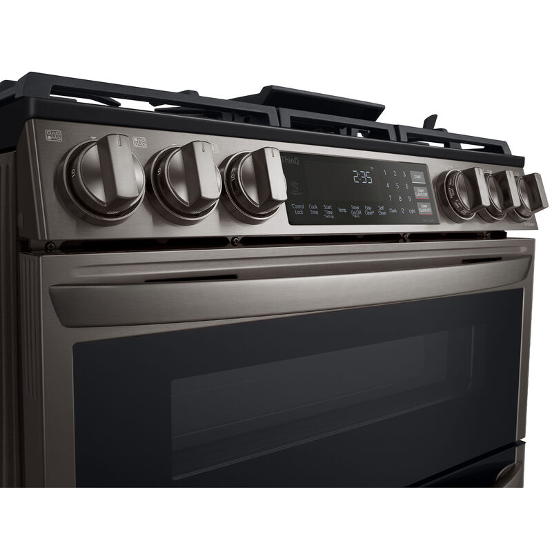 LG InstaView 30 in. 6.9 cu. ft. Smart Air Fry True European Convection Double Oven Slide-In Gas Range with 5 Sealed Burners & Griddle - PrintProof Black Stainless Steel, PrintProof Black Stainless Steel, hires