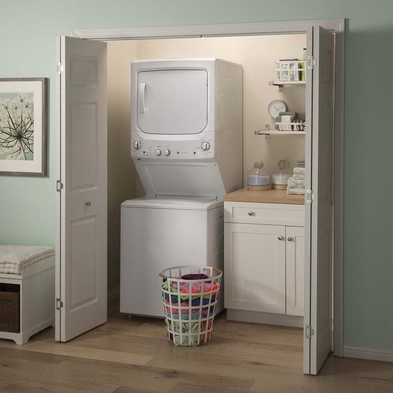 GE 27 in. Laundry Center with 3.8 cu. ft. Washer with 11 Wash Programs & 5.9 cu. ft. Gas Dryer with 4 Dryer Programs & Wrinkle Care - White, White, hires
