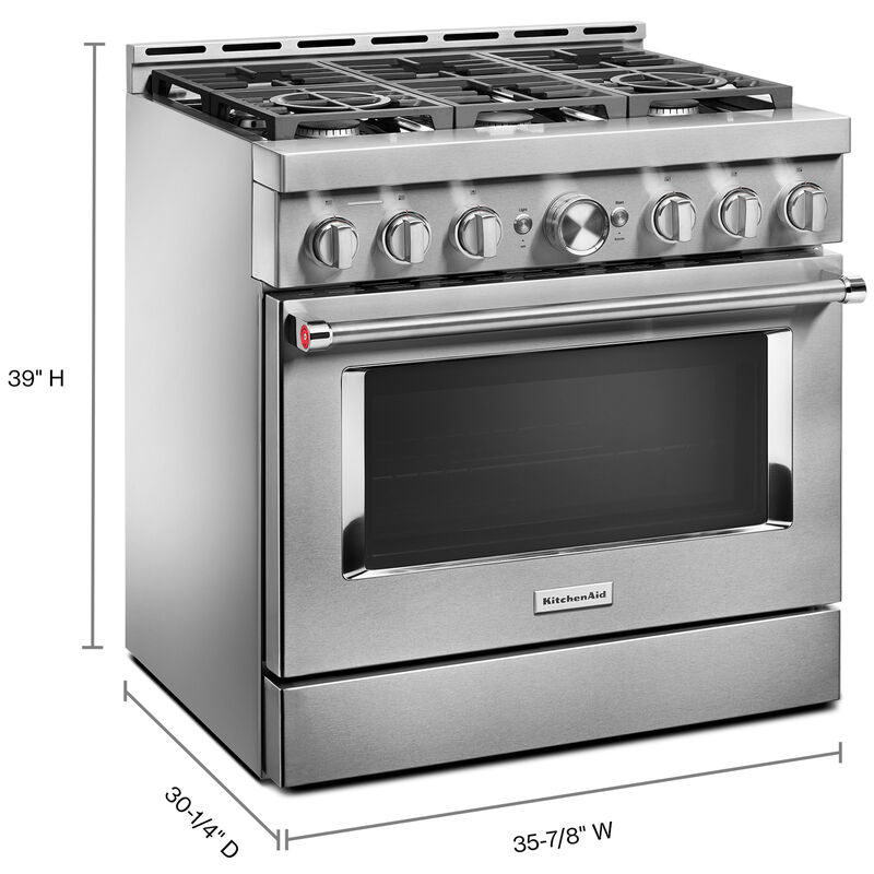 KitchenAid 36inch Freestanding Gas Range with 6 Sealed Burners & 5.1 Cu.  Ft. Single Oven - Stainless Steel