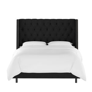 Skyline Queen Nail Button Tufted Wingback Bed in Linen - Black, Black, hires
