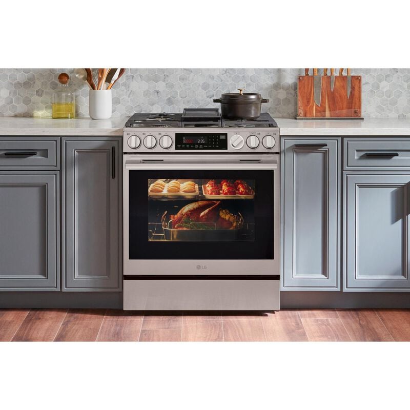 LG 30 in. 6.3 cu. ft. Smart Air-Fry True European Convection Slide-In Gas Range with 5 Sealed Burners & Griddle - PrintProof Stainless Steel, , hires