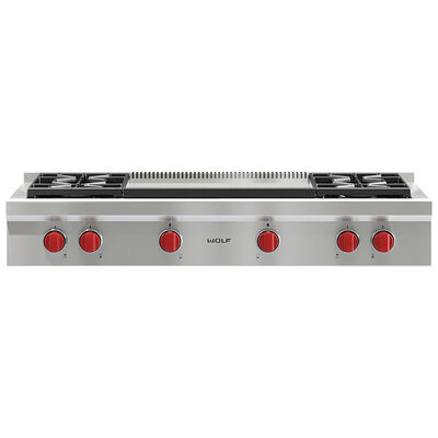Wolf 48 in. Liquid Propane Gas Cooktop with 4 Sealed Burners & Griddle - Stainless Steel | SRT484DGLP
