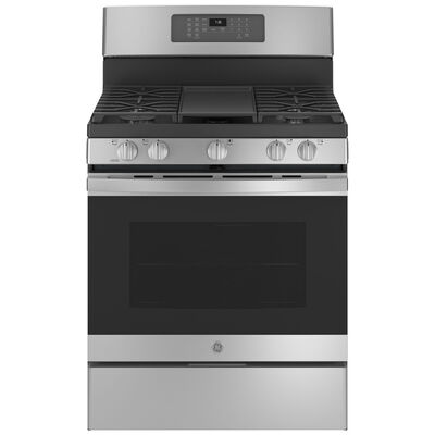 GE 30 in. 5.0 cu. ft. Air Fry Convection Oven Freestanding Gas Range with 5 Sealed Burners & Griddle - Stainless Steel | JGB735SPSS