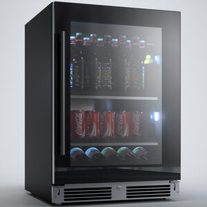 XO 24 in. Built-In/Freestanding 5.7 cu. ft. Compact Beverage Center with Adjustable Shelves & Digital Control - Black Glass, Black Glass, hires