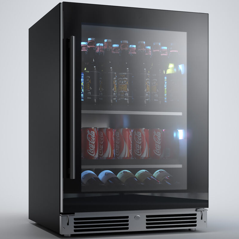 XO 24 in. Built-In/Freestanding 5.7 cu. ft. Compact Beverage Center with Adjustable Shelves & Digital Control - Black Glass, Black Glass, hires