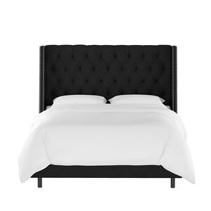 Skyline California King Nail Button Tufted Wingback Bed in Linen - Black, Black, hires
