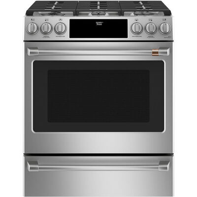 Cafe 30" Slide-In Dual Fuel Range with 6 Sealed Burners, Griddle, 5.7 Cu. Ft. Single Oven & Warming Drawer - Stainless Steel | C2S900P2MS1