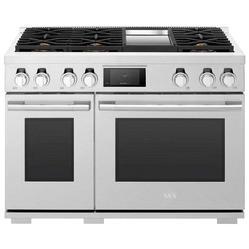 SKS 48 in. 7.9 cu. ft. Smart Standard Convection Steam Double Oven Dual Fuel Range with 6 Sealed Burners & Griddle - Stainless Steel, , hires