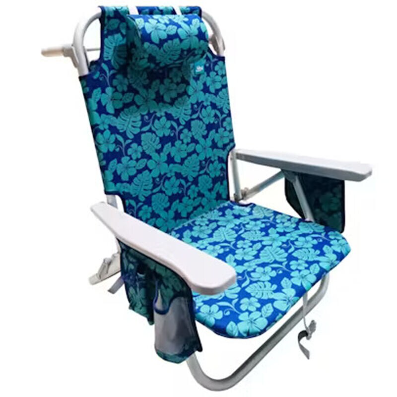 Bliss Backpack Aluminum Beach Chair with Side Pocket Detachable Cooler Bag 5 Reclining Positions 275 Lb. Capacity Blue Flowers