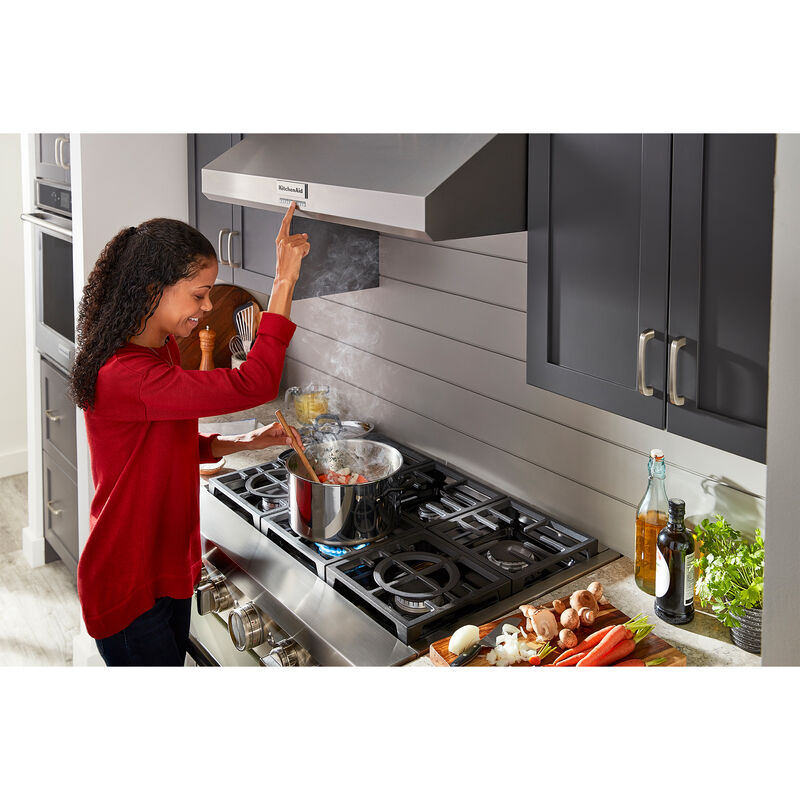 KitchenAid 36 in. Standard Style Under Cabinet Range Hood with 4 Speed Settings, 585 CFM, Ducted Venting & 2 LED Lights - Stainless Steel, , hires