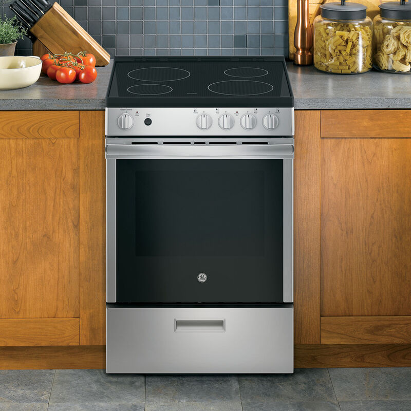 GE 24 in. 2.9 cu. ft. Oven Freestanding Electric Range with 4 Smoothtop Burners - Stainless Steel, , hires