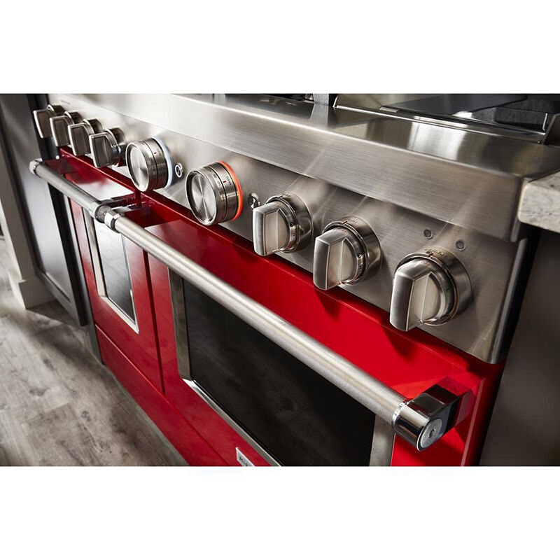KitchenAid 48 in. 6.3 cu. ft. Smart True European Convection Double Oven Gas Range with 6 Sealed Burners & Griddle - Passion Red, , hires