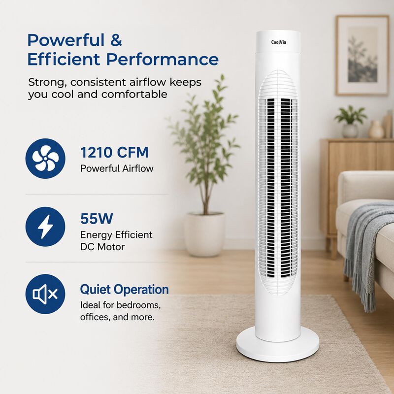CoolVia 32 in. Oscillating Tower Fan with 3 Speed Settings - White, , hires