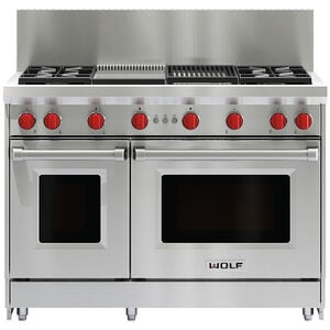 Wolf 48 in. 6.9 cu. ft. Standard Convection Double Oven Gas Range with 4 Sealed Burners, Grill & Griddle - Stainless Steel, , hires