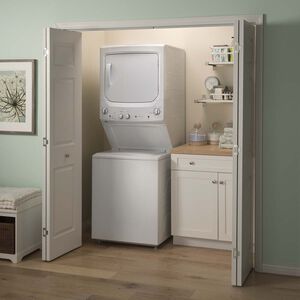 GE 27 in. Laundry Center with 3.8 cu. ft. Washer with 11 Wash Programs & 5.9 cu. ft. Electric Dryer with 4 Dryer Programs, Sensor Dry & Wrinkle Care - White, , hires