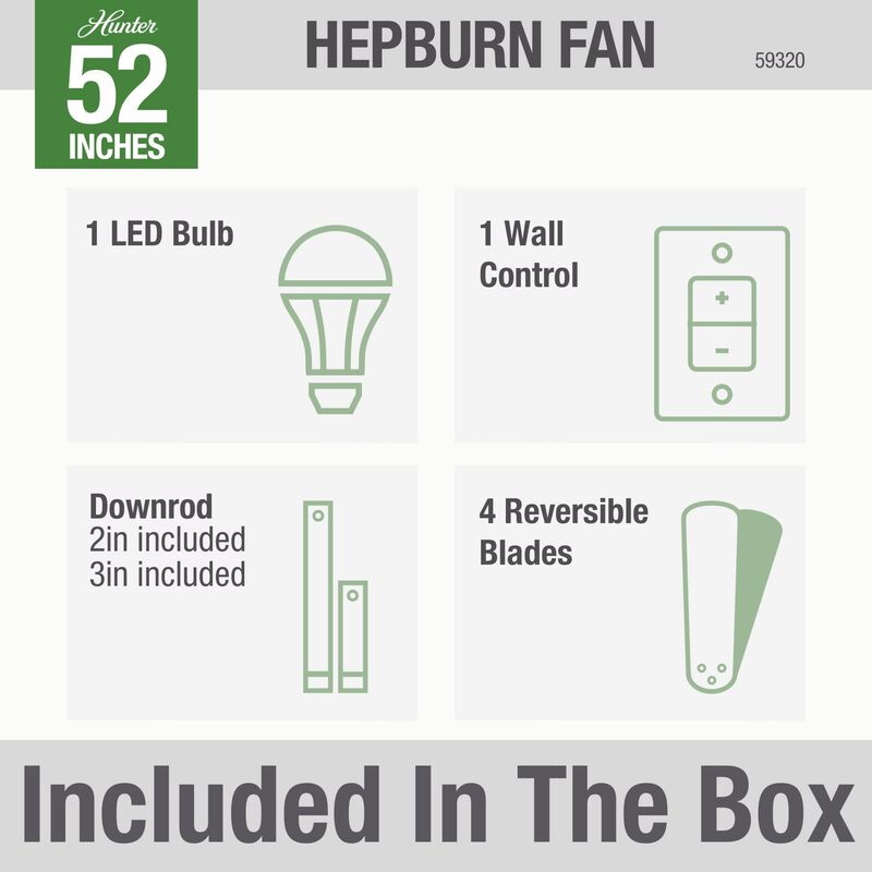 Hunter Hepburn 52 in. Ceiling Fan with LED Light Kit and Wall Control - Modern Brass, , hires
