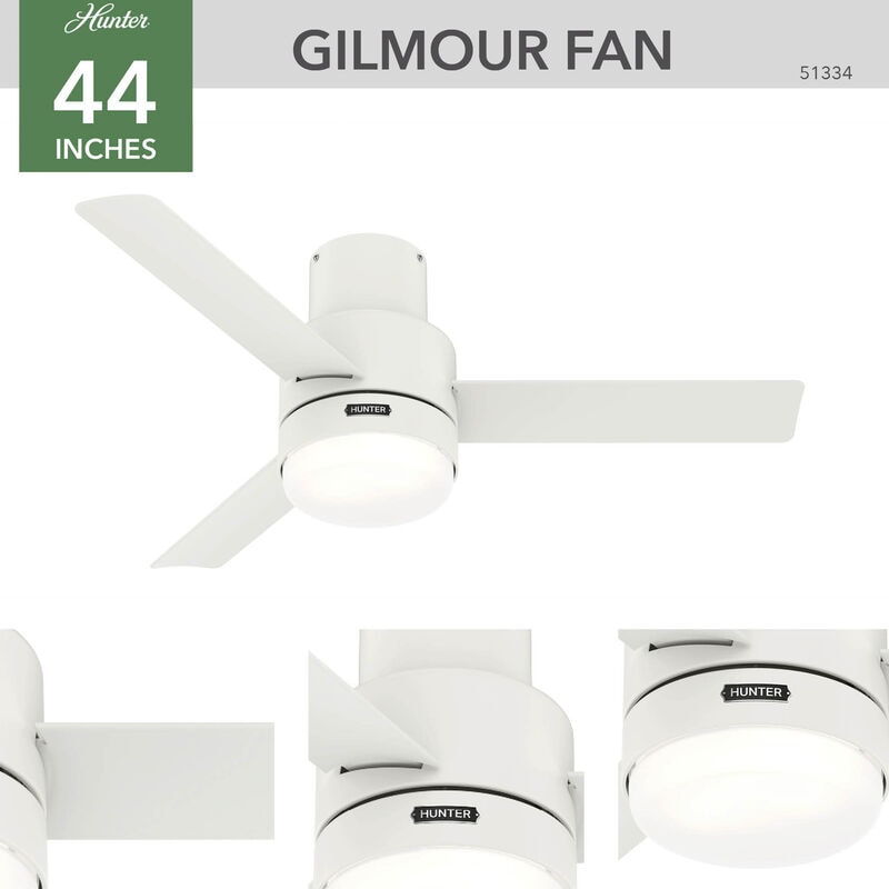 Hunter Casablanca 44 in. Gilmour Low Profile Damp Rated Ceiling Fan with LED Light Kit and Handheld Remote - Matte White, Matte White, hires