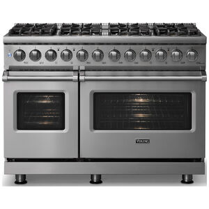 Viking 5 Series 48 in. 7.3 cu. ft. True European Convection Double Oven Dual Fuel Range with 8 Sealed Burners - Stainless Steel - Liquid Propane Gas, Polished Chrome Trim Option, , hires