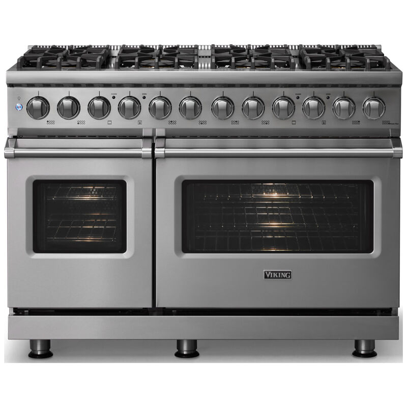 Viking 5 Series 48 in. 7.3 cu. ft. True European Convection Double Oven Dual Fuel Range with 8 Sealed Burners - Stainless Steel - Liquid Propane Gas, Polished Chrome Trim Option, , hires