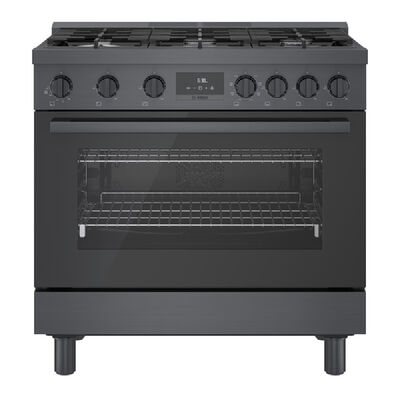 Bosch 800 Series 36 in. 3.7 cu. ft. Convection Oven Freestanding Dual Fuel Range with 6 Sealed Burners - Black with Stainless Steel | HDS8645U