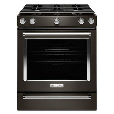 KitchenAid 30 in. 5.8 cu. ft. True European Convection Slide-In Gas Range with 5 Sealed Burners - Black Stainless Steel with PrintShield Finish | KSGG700EBS