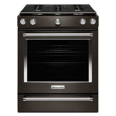 KitchenAid 30 in. 5.8 cu. ft. Convection Slide-In Gas Range with 5 Sealed Burners - Black Stainless Steel with PrintShield Finish | KSGG700EBS