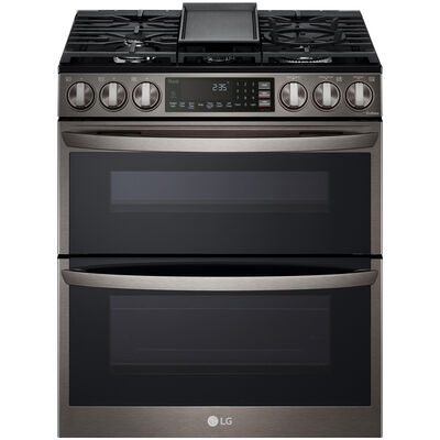 LG 30 in. 6.9 cu. ft. Smart Air Fry Convection Double Oven Slide-In Gas Range with 5 Sealed Burners & Griddle - Printproof Black Stainless Steel | LTGL6937D
