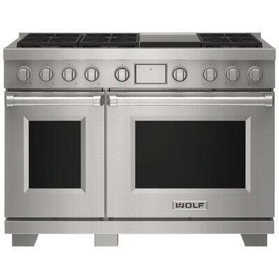 Wolf 48 in. 7.8 cu. ft. Smart Convection Double Oven Freestanding Dual Fuel Range with 6 Sealed Burners & Griddle - Stainless Steel | DF48650G/S/P