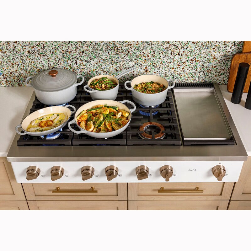 Cafe 48 in. 6-Burner Natural Gas Rangetop with Griddle, Simmer Burner & Power Burner - Matte White, Matte White, hires