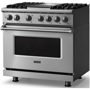 Viking 5 Series 36 in. 5.6 cu. ft. True European Convection Dual Fuel Range with 4 Sealed Burners & Griddle - Stainless Steel, , hires