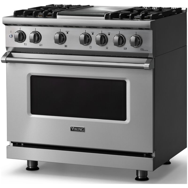 Viking 5 Series 36 in. 5.6 cu. ft. True European Convection Dual Fuel Range with 4 Sealed Burners & Griddle - Stainless Steel, , hires