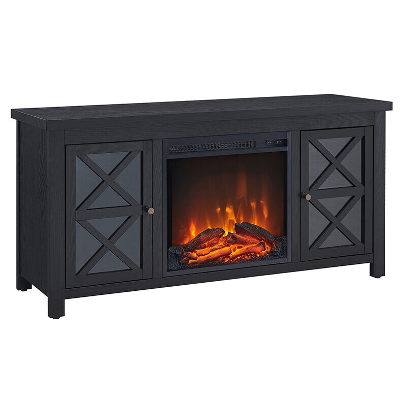 Hudson & Canal Colton TV Stands with Log Fireplace Insert - Black, , hires
