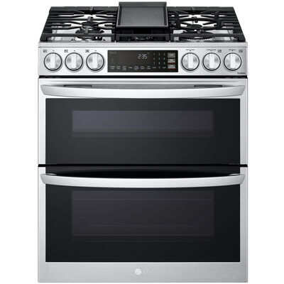 LG 30 in. 6.9 cu. ft. Smart Air Fry True European Convection Double Oven Slide-In Gas Range with 5 Sealed Burners & Griddle - PrintProof Stainless Steel | LTGL6937F
