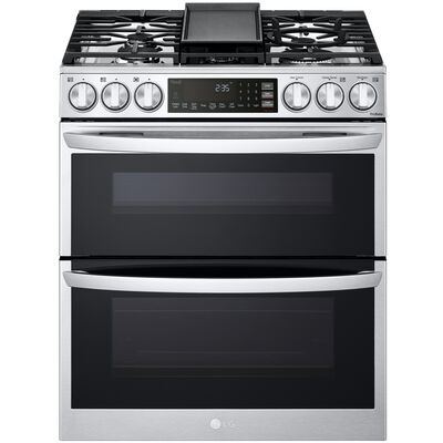 LG 30 in. 6.9 cu. ft. Smart Air Fry Convection Double Oven Slide-In Gas Range with 5 Sealed Burners & Griddle - PrintProof Stainless Steel | LTGL6937F